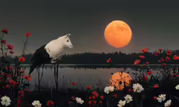 this is a painting of a bird in flowers, with the full moon in the background