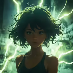 a young woman is staring at something while standing in the dark