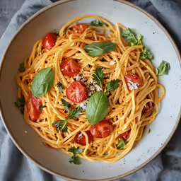 a bowl of spaghetti topped with tomato, cheese, basil and parsley