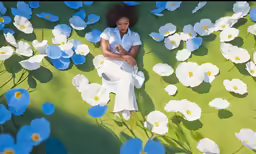 the woman is looking at her cell phone and posing on a field of white flowers