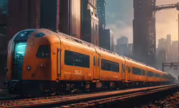 an electric passenger train traveling through a city,a yellow and gray train on its track near some tall buildings