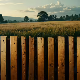 a field of grass near a fence and trees