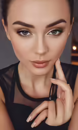 a young woman poses with her fingers resting on her lip