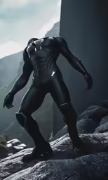man in black leather suit on a mountain cliff