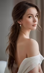 a very young lady wearing an elegant dress with a big breast