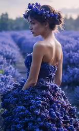 a woman in a dress in the field with flowers