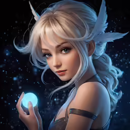 a woman with white hair holding a glowing ball