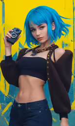 a woman with blue hair and a black crop top posing in front of a yellow wall