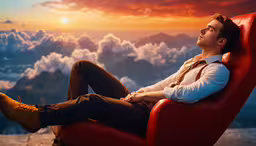 a man sitting in a chair looking into the distance,a man sits in an airy chair while looking over the mountains