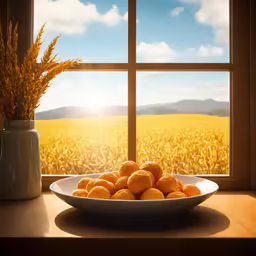 a bowl filled with cookies on top of a counter next to a window