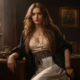 a woman in white dress sitting at table with candle and books