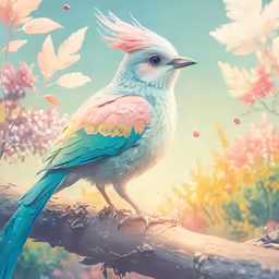 the bird with feathers has pink, blue, and yellow feathers