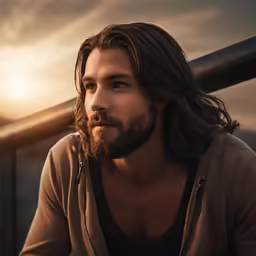 a man with long hair and a beard sitting on top of a boat