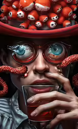 woman with large glass and strange head of red balls on head