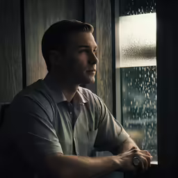 a man is looking out of a window while standing in the rain