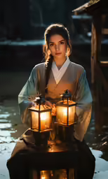 a girl sitting next to two lanterns on the water
