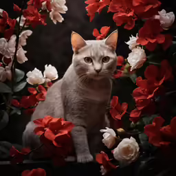 a cat standing inside a group of flowers
