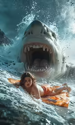 a woman laying on a surfboard in the ocean with a large white shark