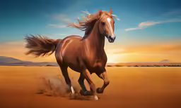 a horse running across a large, brown field