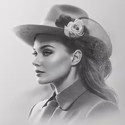 the drawing of an image of a woman with a hat and long hair