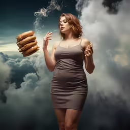 a young woman holding a cigar and some clouds