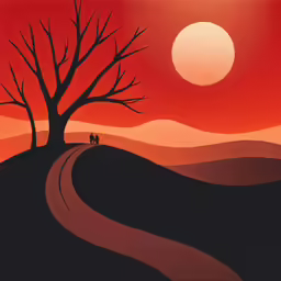 two people are walking on the road to the sunset
