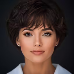 a woman with a white shirt and blue eyes