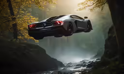 a car flying through the air over a stream