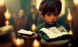 a girl standing in a church with a lot of candles behind her