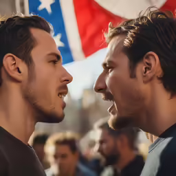 two men looking at each other with flags in the background