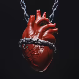 the human heart is depicted with a chain around its neck