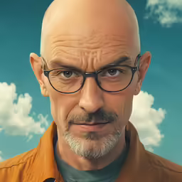 a bald man with glasses staring at the camera