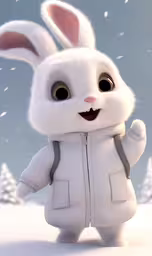 the animated character rabbit is wearing a white jacket and backpack,a white bunny is standing in the snow