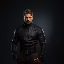 a man in leather is looking to his right,a man in black leathers with a black shirt