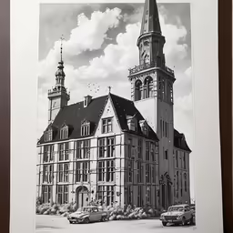 this black and white photo depicts a building with many windows