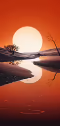 the sun rises over a river with trees on the shore