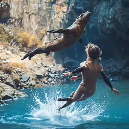 an image of two children jumping in water