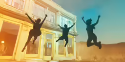 three people are jumping in the air as they appear to be performing