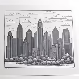 a drawing of a cityscape is drawn in pencil