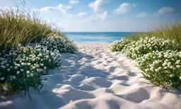 a path leads to the beach with grass and flowers in the sand