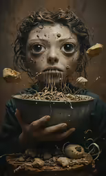 woman holding bowl with spaghetti coming out from it with food all over