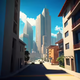 the city skylines in the daytime, as seen from an empty street