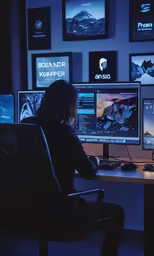 a woman sitting at a computer desk in front of two monitors