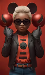 a woman is wearing two red balls on her head