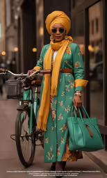 a woman in green has a blue handbag and is next to a bike