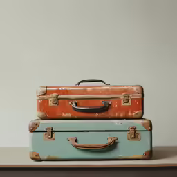 two suitcases sitting next to each other on a shelf
