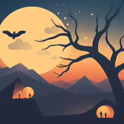 a bird flies over two people and a tree at night