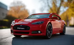 red sports car on pavement in front of residential area
