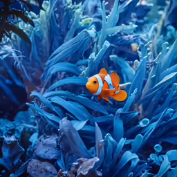 an orange and white clown fish swims among seaweed