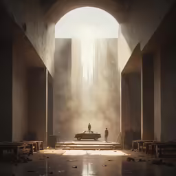 a scene with a person and a car in a tunnel